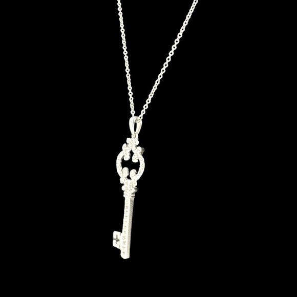 Sterling Silver Key Pendant Accented with Rhinestones Chain Link Necklace 17” - Picture 5 of 8